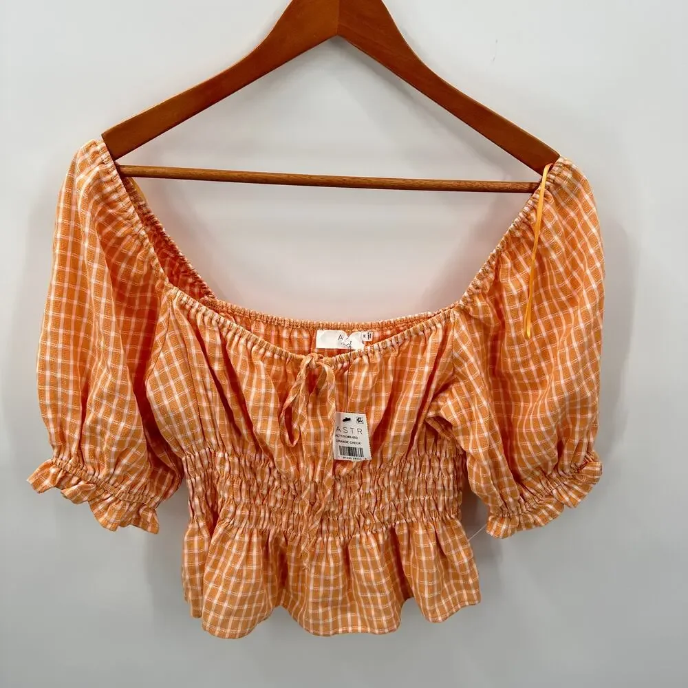 ASTR THE LABEL NWT Orange Plaid  Check Puff Sleeve Smocked Blouse // M